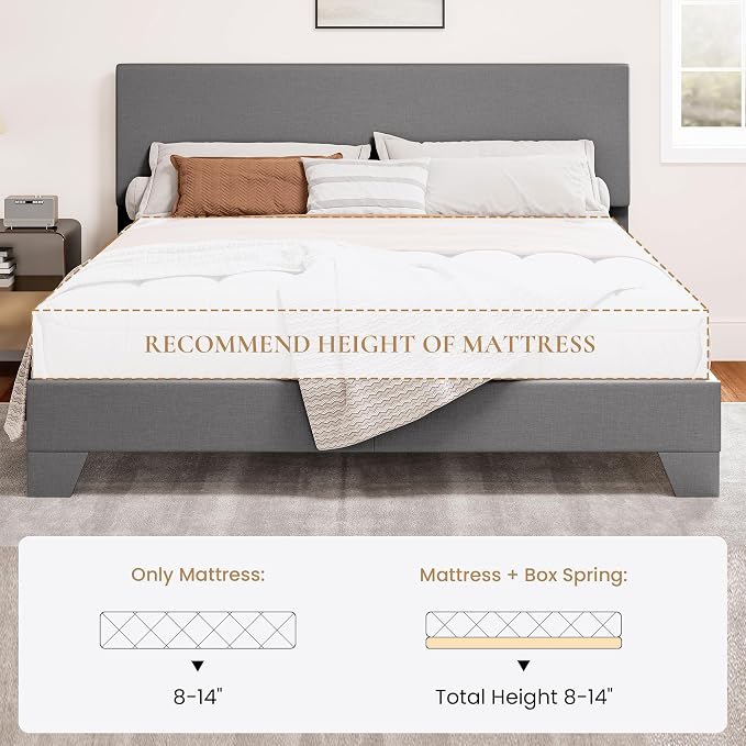 SHA CERLIN Linen Upholstered Full Size Bed Frame with Headboard, Light Gray | Adjustable Low-Profile Platform Bed, Minimalist Design, Stable Mattress Foundation, Strong Back-Support, No Box Spring Needed