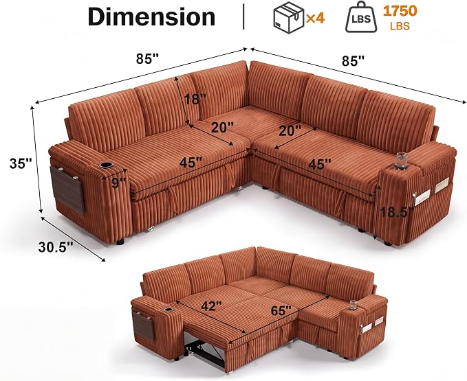 Vipbear 86" Modular Sectional Sleeper Sofa with Pull Out Bed, 5 Seat Plush Corduroy L Shaped Couch with Storage Seat|USB Ports|Cup Holders|Side Table|Storage Armrests, Tool Free Assembly, Orange
