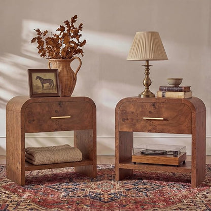 Night Stand Set of 2 [Unique Curved Profile] [FSC-Certified Wooden Board] 1-Drawer and 1 Storage Shelf Nightstand 24" H Metal Handle Modern Bedside Table Side Table End Table