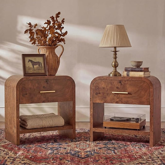 Night Stand Set of 2 [Unique Curved Profile] [FSC-Certified Wooden Board] 1-Drawer and 1 Storage Shelf Nightstand 24" H Metal Handle Modern Bedside Table Side Table End Table