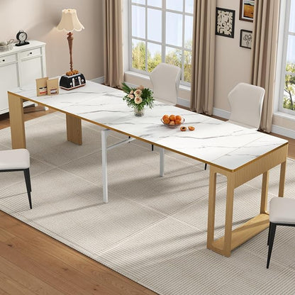 Extendable Dining Table, Transformer Folding Console Table for 2-8 People, 17"-112" Space Saving Dining Room Table, Wood White Faux Marble Dining Table, Kitchen and Dining Room Furniture (No Chairs)