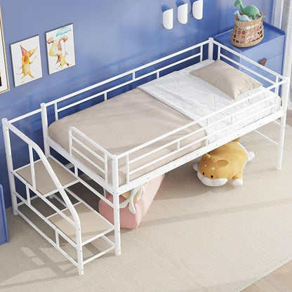 Twin Size Low Loft Bed for Kids,Metal Loft Bed Frame with Stair for Boys Girls,Kids Loft Bed Twin Size with Storage Steps,White