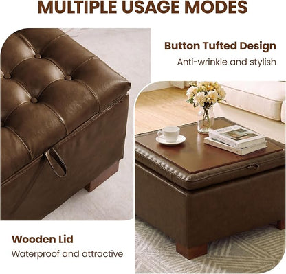30 Inch Square Storage Ottoman Coffee Table, Modern Tufted Upholstered Ottoman with Flip Tray and Solid Wood Legs, Suitable for Living Rooms, Faux Leather Coffee