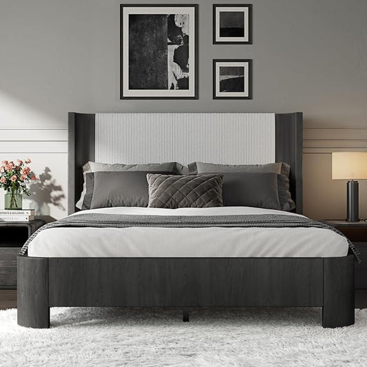 Queen Size Upholstered Platform Bed Frame with Wingback Headboard, Motion-Sensing LED Lights, Sturdy Slats, Mattress-Lock Footboard, PU Leather,No Box Spring Needed, Easy Assembly, Dark Grey Oak