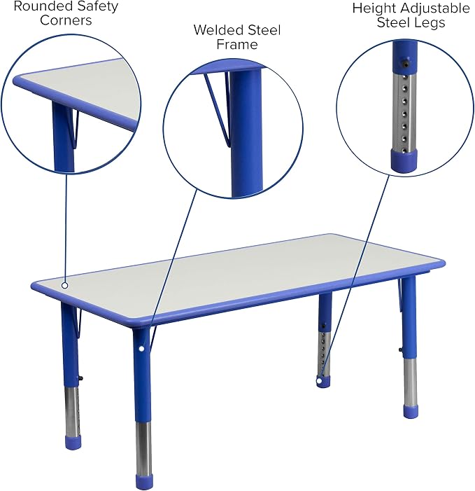 EMMA + OLIVER Adjustable Kids Activity Table for Home Use, Height-Adjustable Classroom Table for Kids, 23.625" W x 47.25" D x 14.5-23.5" H, Blue
