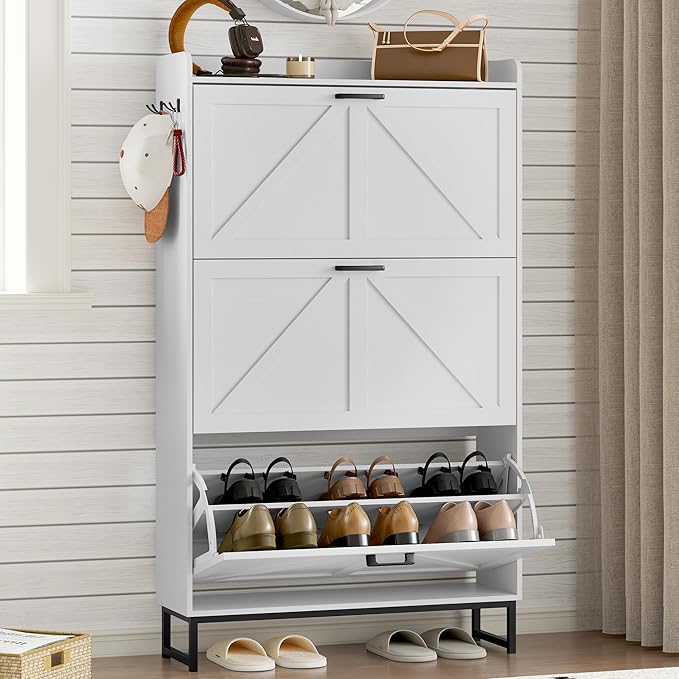 BORNOON Shoe Cabinet with 3 Flip Drawers Narrow Shoe Storage Cabinet Organizer Wooden Freestanding Shoe Rack Hidden Slim Shoes Storage Cabinet for Entryway, Hallway, Living Room, Bedroom