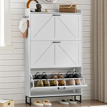 BORNOON Shoe Cabinet with 3 Flip Drawers Narrow Shoe Storage Cabinet Organizer Wooden Freestanding Shoe Rack Hidden Slim Shoes Storage Cabinet for Entryway, Hallway, Living Room, Bedroom
