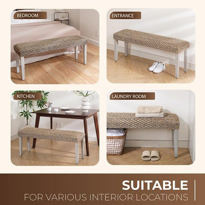 Solid Wood Acacia Indoor Bench with Natural Woven Water Hyacinth Seat, Wood Bench for Living Room or Entryway, Vintage Bench, Fishbone Style, Plait Style with Grey Leg