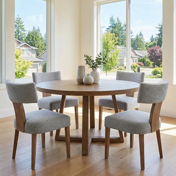 RIVOVA Mid Century Modern Dining Chairs Set of 4, Farmhouse Linen Fabric Upholstered Dining Room Chairs Kitchen Chairs with Curved Backrest Wood Legs, Grey