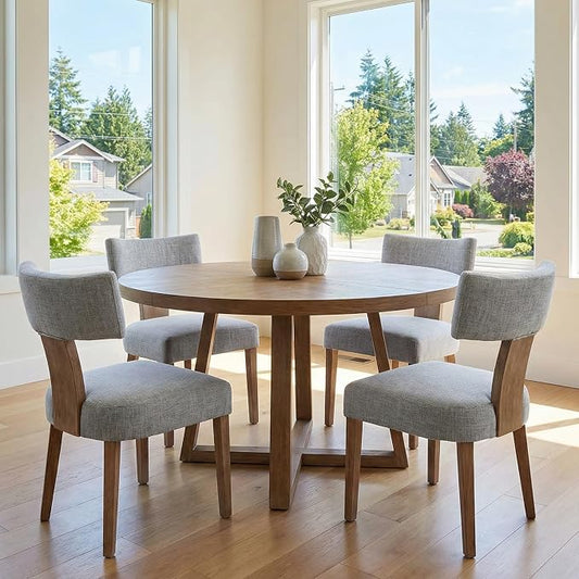 RIVOVA Mid Century Modern Dining Chairs Set of 4, Farmhouse Linen Fabric Upholstered Dining Room Chairs Kitchen Chairs with Curved Backrest Wood Legs, Grey