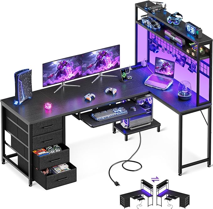 AODK 59 Inch L Shaped Desk with 4 Drawers, Gaming Desk with Led Lights & Power Outlets, Computer Desk with Pegboard & Keyboard Tray, Reverisble Home Office Desk with Storage Shelves & CPU Stand, Black