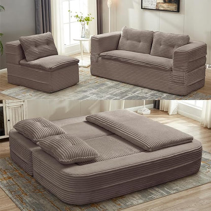 80'' Futon Sofa Bed, King Size Foldable Sleeper Sofa, Corduroy Boneless Loveseat Couch with Chaise Lounge, 3 Pillows, Blanket, Upholstered Sectional Couches for Living Room, Bedroom, Coffee