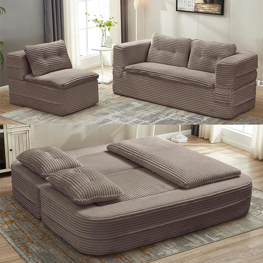 80'' Futon Sofa Bed, King Size Foldable Sleeper Sofa, Corduroy Boneless Loveseat Couch with Chaise Lounge, 3 Pillows, Blanket, Upholstered Sectional Couches for Living Room, Bedroom, Coffee
