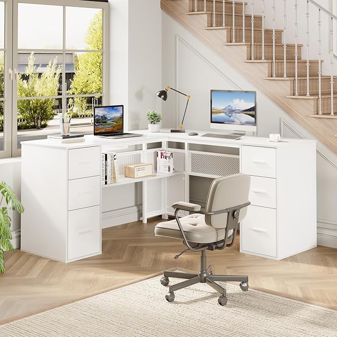 HSH White L Shaped Desk with Drawers Shelves, Large Home Office Corner Computer Desk with Storage File Cabinet, Modern Metal Wood Desk for Executive Writing Study Workstation, 59 Inch Bedroom Table