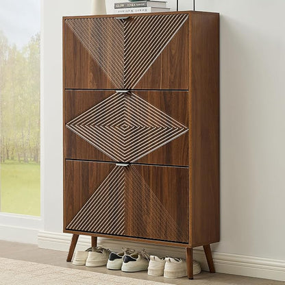 oakvivo Shoe Cabinet with 3 Flip Drawers, Freestanding Narrow Shoe Storage Cabinet for Entryway, Modern Shoe Organizer with 4 Wooden feet, Hidden Shoe Rack for Hallway Mudroom, Walnut