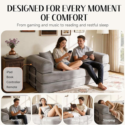 78.8" Memory Foam Boneless Couch, Corduroy Floor Sofa Bed, Convertible Sleeper Futon Loveseat, Wide Armrests & Back Support, Supports Up to 1200 lbs, Couch in a Box with 2 Pillows, Light Grey