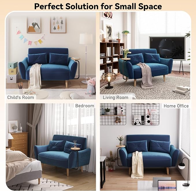 Brelice Loveseat Sofa, 47" Velvet Couch for Bedroom, Convertible Wooden Tray & Ergonomic Armrest, for Small Space, Apartment, Living Room, Home Office, Easy Assembly, Blue