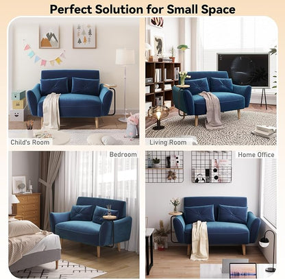 Brelice Loveseat Sofa, 47" Velvet Couch for Bedroom, Convertible Wooden Tray & Ergonomic Armrest, for Small Space, Apartment, Living Room, Home Office, Easy Assembly, Blue