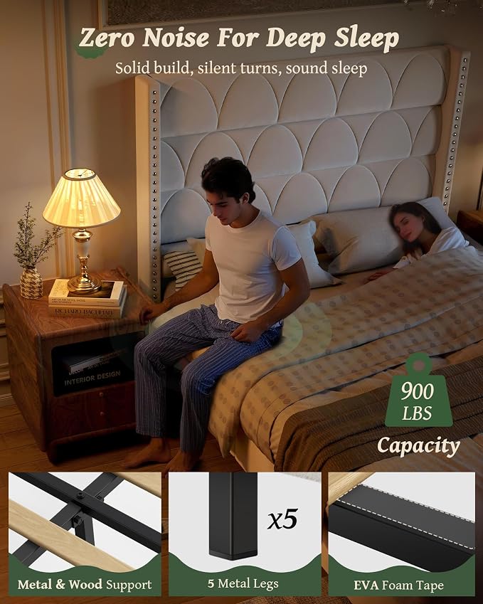 OHOHOLIVE Queen Size Bed Frame with 56" Headboard - Velvet Upholstered Wingback Platform Bed Frame, Noise Free, Sturdy Wooden Slat Support (Cream, Queen)