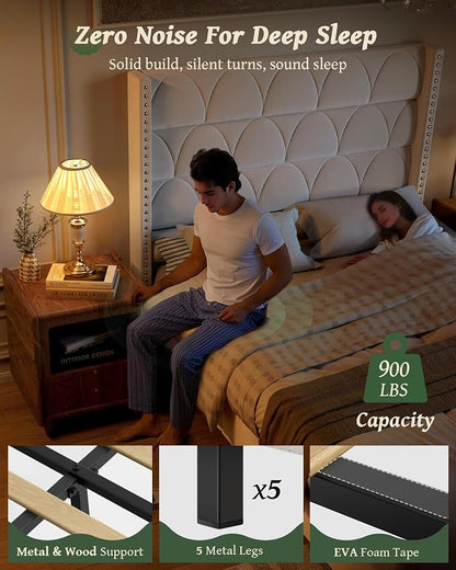OHOHOLIVE Queen Size Bed Frame with 56" Headboard - Velvet Upholstered Wingback Platform Bed Frame, Noise Free, Sturdy Wooden Slat Support (Cream, Queen)