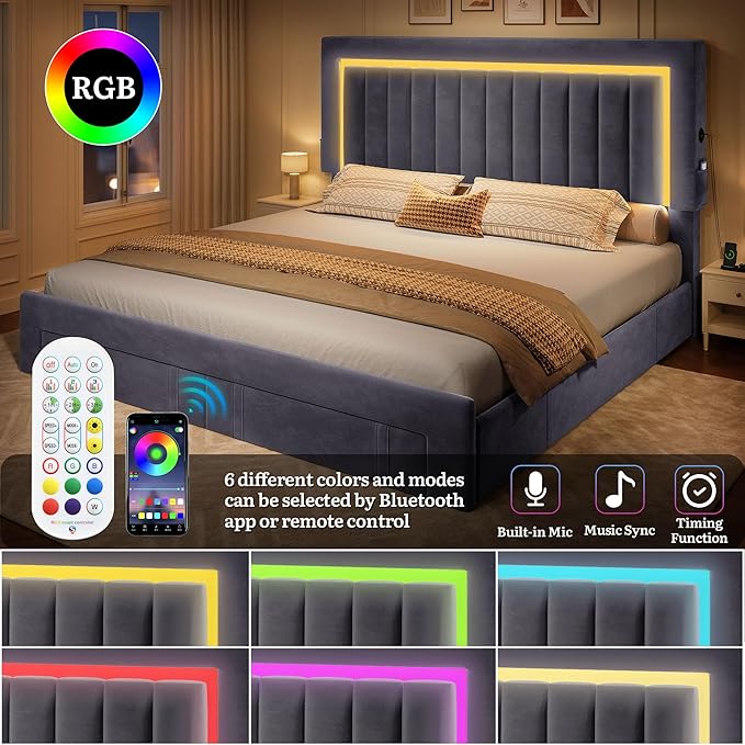 DWVO Queen Size Bed Frame with Adjustable Headboard, 4 Storage Drawers and RGB LED Lights, Velvet Upholstered Platform Bed with USB Ports, No Box Spring Needed, Fast Assembly, Noise-Free, Grey