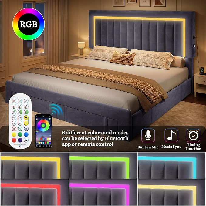 YITAHOME Queen Size Bed Frame with Adjustable Headboard, 4 Storage Drawers and RGB LED Lights, Velvet Upholstered Platform Bed with USB Ports, No Box Spring Needed, Fast Assembly, Noise-Free, Gray
