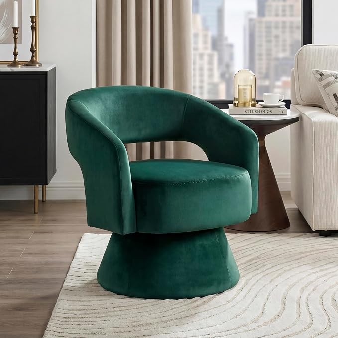 Lexicon 360 Degree Swivel Accent Chair, Modern Comfy Velvet Round Barrel Chair, Open Back, Plush Foam Cushions, Metal Swivel Base for Living Room/Bedroom/Office/Small Spaces, Green