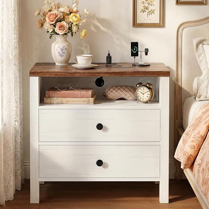 Aheaplus Nightstand with Charging Station, 23.6'' Large Bed Side Table with Wooden 2 Drawers, Night Stand for Bedroom, End Table with Open Storage Shelf for Living Room, White & Brown