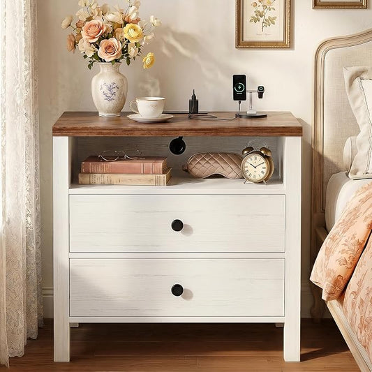 Aheaplus Nightstand with Charging Station, 23.6'' Large Bed Side Table with Wooden 2 Drawers, Night Stand for Bedroom, End Table with Open Storage Shelf for Living Room, White & Brown