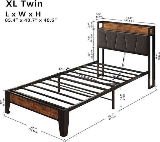 LIKIMIO Twin XL Bed Frames, Storage Headboard with Charging Station, Solid and Stable, Noise Free, No Box Spring Needed, Easy Assembly