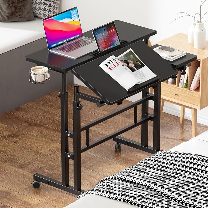 SogesHome 31.5 inch Mobile Standing Desk Adjustable Computer Desk Rolling Laptop Cart Portable Laptop Stand on Wheels Home Office Workstation with Cup Holder,Headphone Holder, Upgrade Black