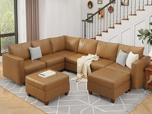 EASE MOOSE Leather Modualr Sectional Couch Sofa with Storage Ottomans,Faux Leather Sectional Sofa Brown U Shaped Modular Couch