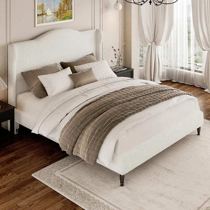 Queen Bed Frame with Wingback Headboard, Upholstered Boucle Platform Bed Frame, Solid Wooden Slats Support, Noise-Free, No Box Spring Needed, Soft Cloud Bed for Bedroom, Cream