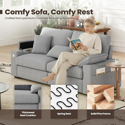 MALOL 76" Loveseat Couch, 3 Seater Upholstered Midcentury Mondern Love Seat with USB Type C Ports, 4 Pillows and Storage Armrest Cloud Foam Sofa for Living Room/Small Spaces, Grey | Breathable material