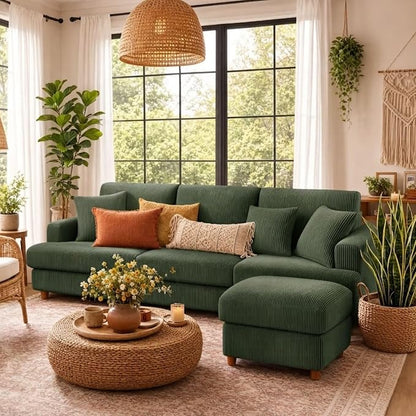 Kidirect 87in L Shaped Couch, Modular Sofa No Tool Assembly, Comfy Sectional Couches for Living Room 21" Deeper Seats, Corduroy Sofas for Living Room &2 Pillows, Loveseat Sofa Set, Oliver Green Couch