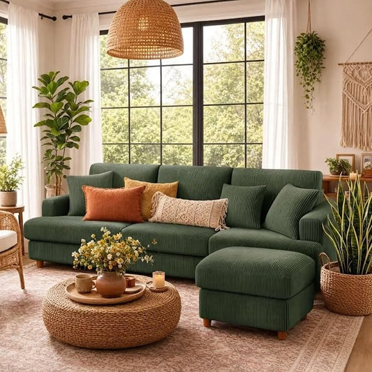 Kidirect 87in L Shaped Couch, Modular Sofa No Tool Assembly, Comfy Sectional Couches for Living Room 21" Deeper Seats, Corduroy Sofas for Living Room &2 Pillows, Loveseat Sofa Set, Oliver Green Couch