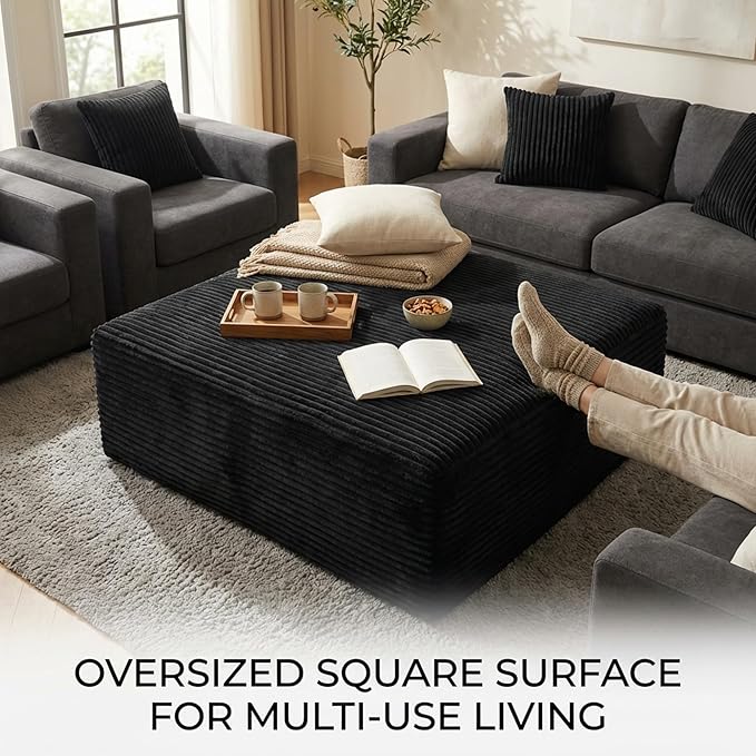 Oversized Boneless Ottoman for Living Room – Plush Square Corduroy Upholstered Couch Ottoman, Modern Low-Profile Footrest for Sectional & Modular Sofa-Black