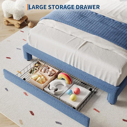 IDEALHOUSE Full Bed Frame with LED Headboard and Under-Bed Drawer, Boucle Fabric Upholstered Platform Bed with LED Light for Kids, Girls, Wooden Slats Support, No Box Spring Needed, Blue