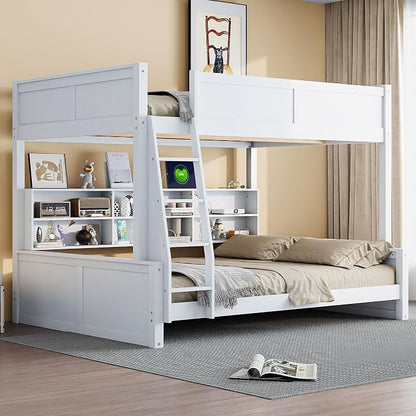 RUNNA Full XL Over Queen Bunk Bed with Storage Cabinets,USB,Antique White | Full XL on top for teens, queen below for adults. Solid pine frame, full guardrails & built-in charging—every bed, every age.
