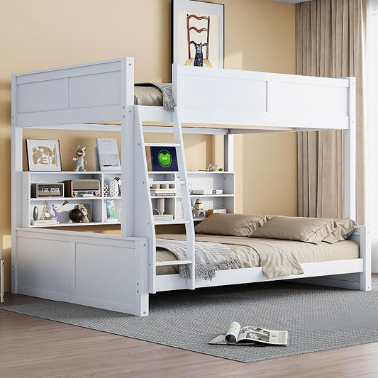 RUNNA Full XL Over Queen Bunk Bed with Storage Cabinets,USB,Antique White | Full XL on top for teens, queen below for adults. Solid pine frame, full guardrails & built-in charging—every bed, every age.