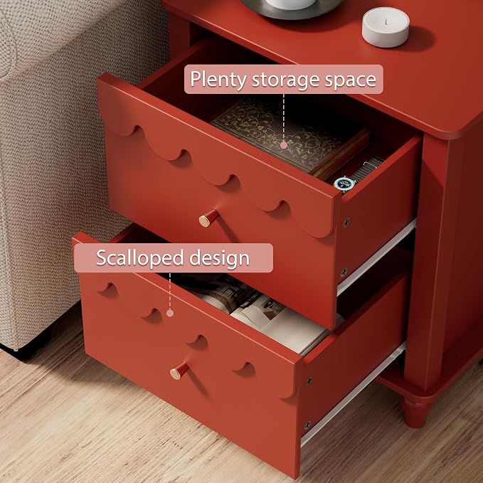 Anbuy Red Nightstand with Petal Pattern, Modern Night Stand with 2 Drawers for Bedroom, Side End Table Scalloped Bedside Night Tables with Solid Wood Legs