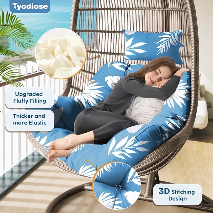 Outdoor Hanging Egg Chair Cushion Replacement, Extra Large Waterproof Egg Swing Cushions with Headrest Pillow and Ties, U-Shaped Thickened Cushion for Hanging Eggs Chair (Blue Leaf)