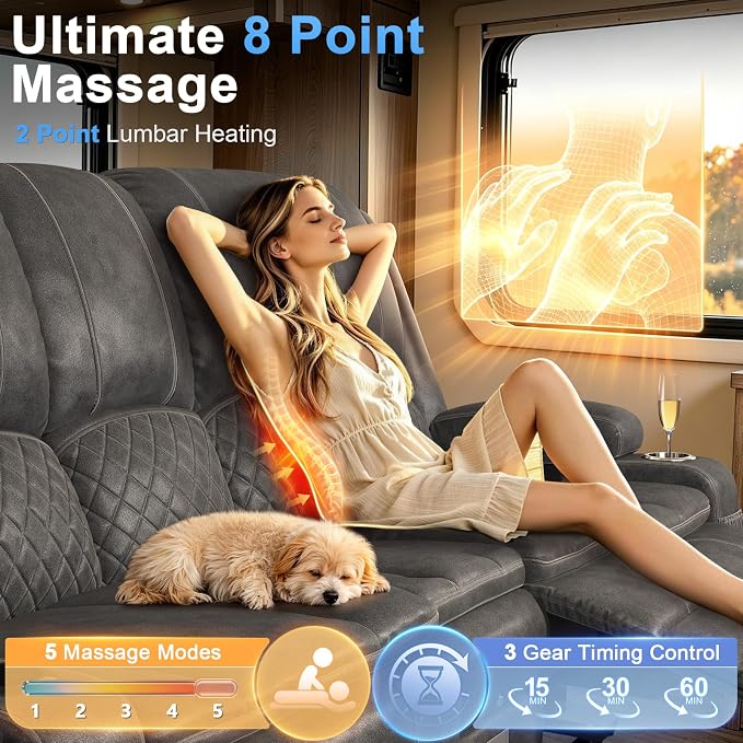 Power Recliner Loveseat Recliner with Massage and Lumbar Heating, Home Theater Reclining Loveseat with Flip Console, RV Couch Wall Hugger with 2 Speakers, Storage, USB, Outlet & LED (Velvet,Grey)