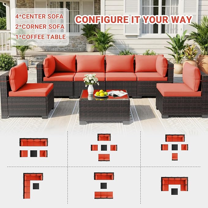 LAFWELL 7 Pieces Outdoor Patio Furniture Sets,Rattan Conversation Sectional Set,Manual Weaving Wicker Patio Sofa with Tea Table
