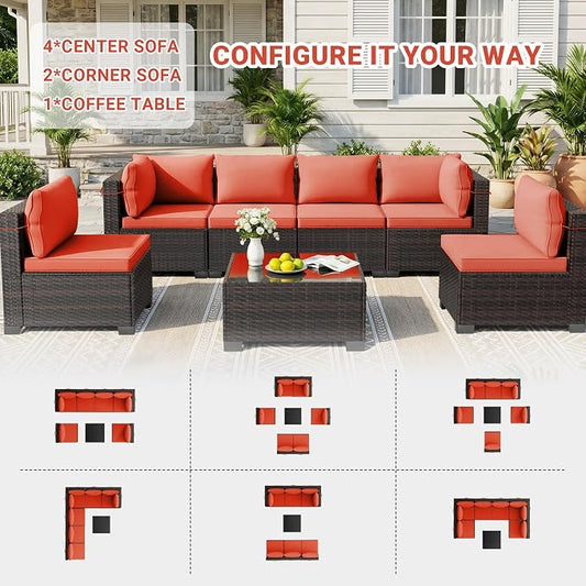 LAFWELL 7 Pieces Outdoor Patio Furniture Sets,Rattan Conversation Sectional Set,Manual Weaving Wicker Patio Sofa with Tea Table
