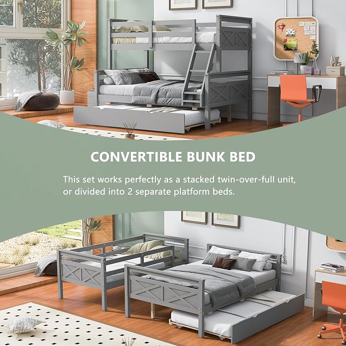 Merax Trundle Bunk Bed, Twin Over Full Wood Bunk Bed with Twin Size Trundle and Ladder, 3-in-1 Convertible to 2 Separate Beds, Solid Wood Frame with Guardrail, Grey