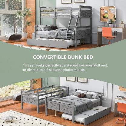 Merax Trundle Bunk Bed, Twin Over Full Wood Bunk Bed with Twin Size Trundle and Ladder, 3-in-1 Convertible to 2 Separate Beds, Solid Wood Frame with Guardrail, Grey