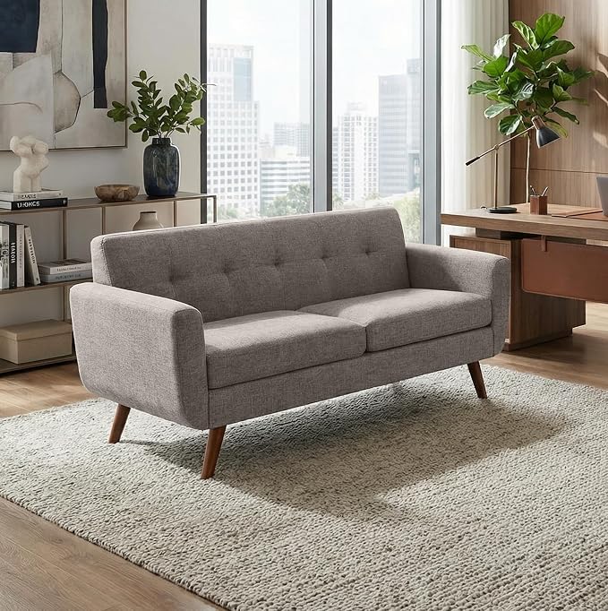 Tbfit 65" W Loveseat Sofa, Mid Century Modern Love Seat Couches for Living Room, Button Tufted Upholstered Small Couch for Bedroom, Solid and Easy to Install Love Seats Furniture, Grey