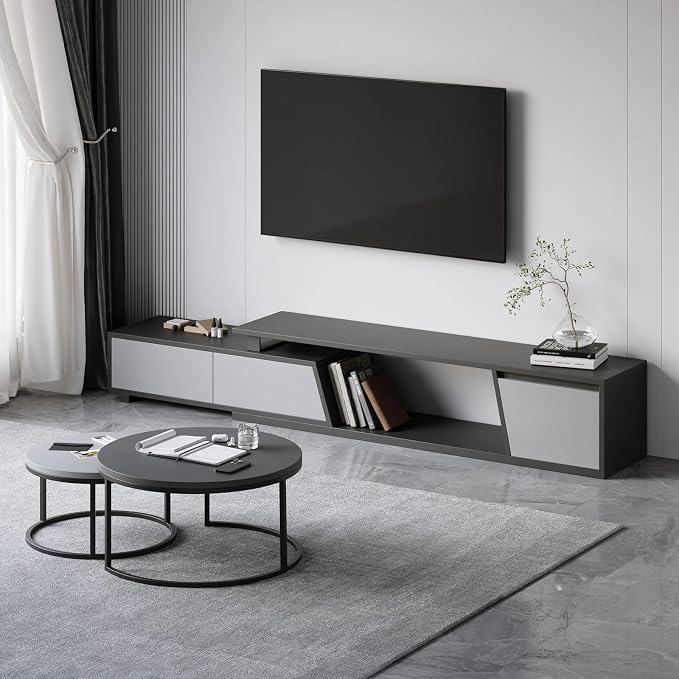 homary Extendable TV Stand with 3 Drawers Minimalist Rectangle Entertainment Center Walnut TV Console Table Up to 110"