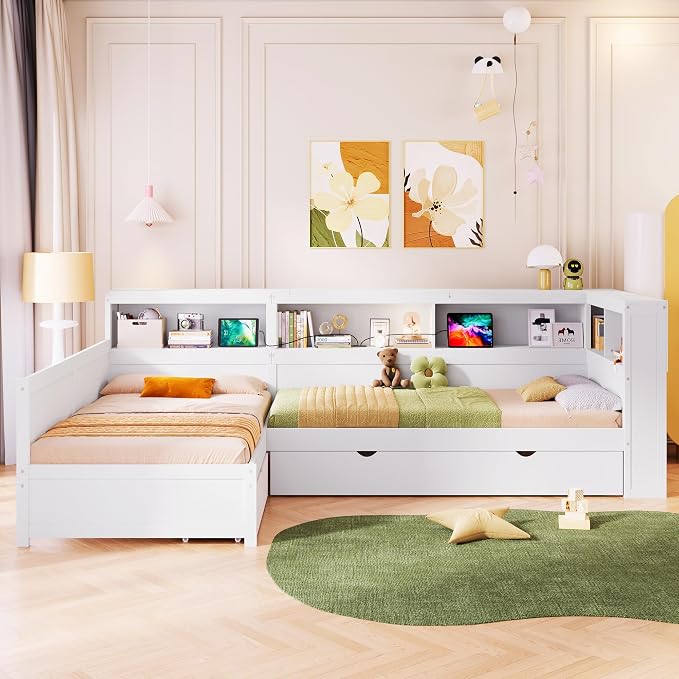 Bellemave L Shaped Corner Bed for 2 Kids, Double Twin Platform BedFrame with Trundle and 5 Storage Shelves, Charging Station, White